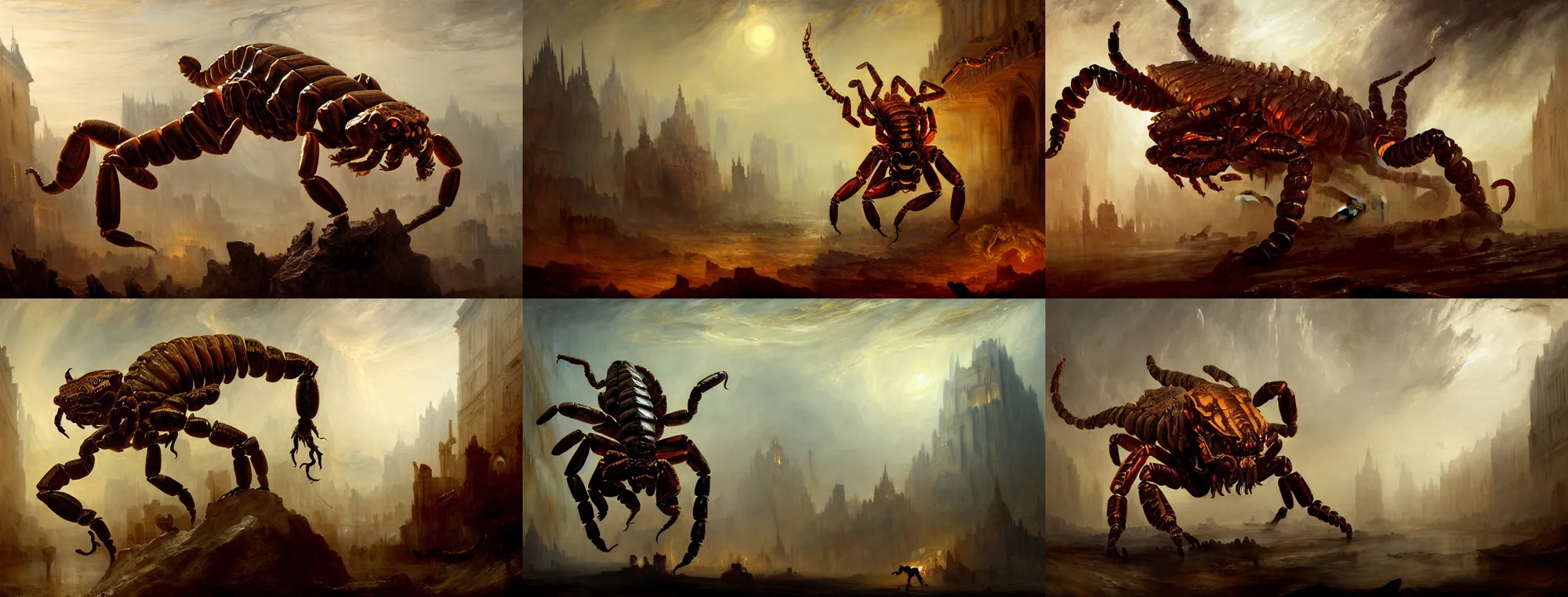 Prompt: highly detailed painting of a giant hybrid half human half scorpion demon by william turner, by greg rutkowski, by william constable, thick brush strokes and visible paint layers, 4 k resolution, trampling an ancient city