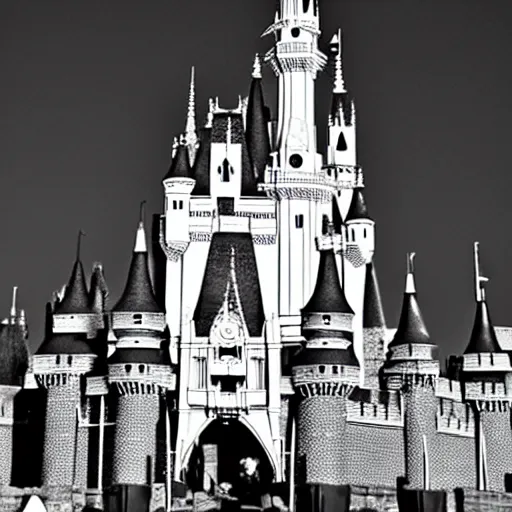 Image similar to the Disney castle made of bones and skulls, black and white