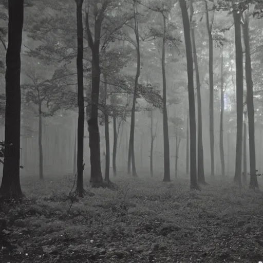 Image similar to mysterious and scary forest, mist, birds, a little daemond , 1972 photo