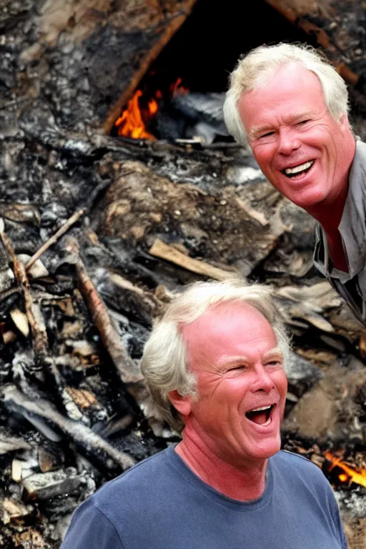 Image similar to kevin tighe floating above a fire laughing