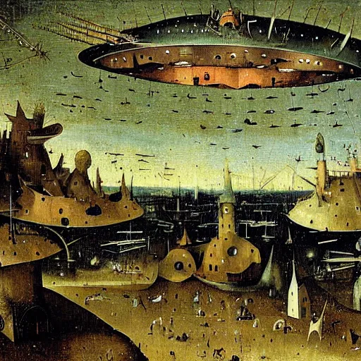 Prompt: a ufo fleet over a european town at night abducting people in their pajamas painting by hieronymus bosch