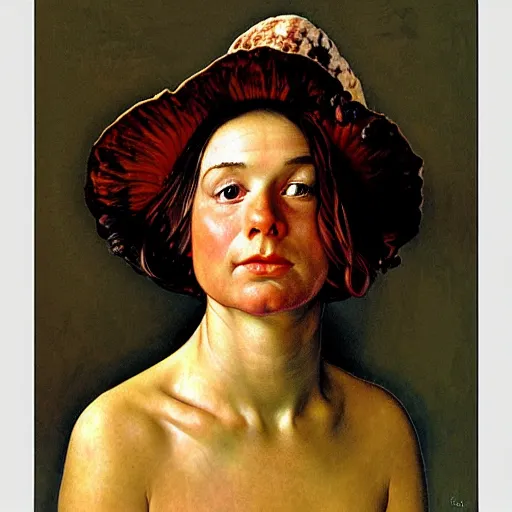 Prompt: Frontal portrait of a mushroom woman. Painting by Norman Rockwell.