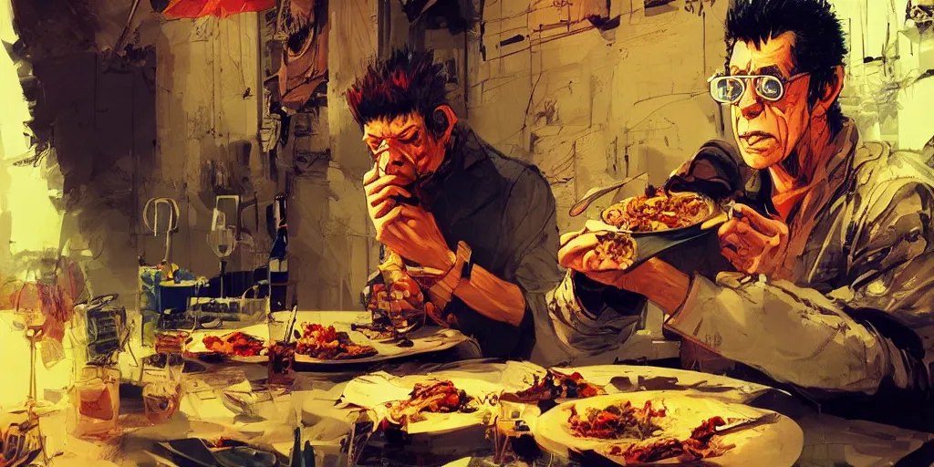 Image similar to cartoonish lou reed eating dinner, vivid colors, character sheet, fine details, concept design, contrast, kim jung gi, greg rutkowski, trending on artstation, 8 k, full body, turnaround, front view, back view, ultra wide angle