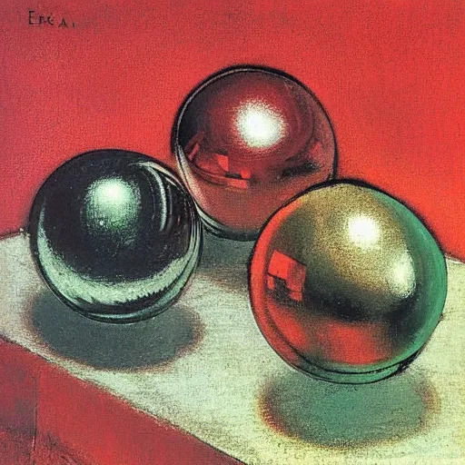 Prompt: chrome spheres on a red cube by edgar degas