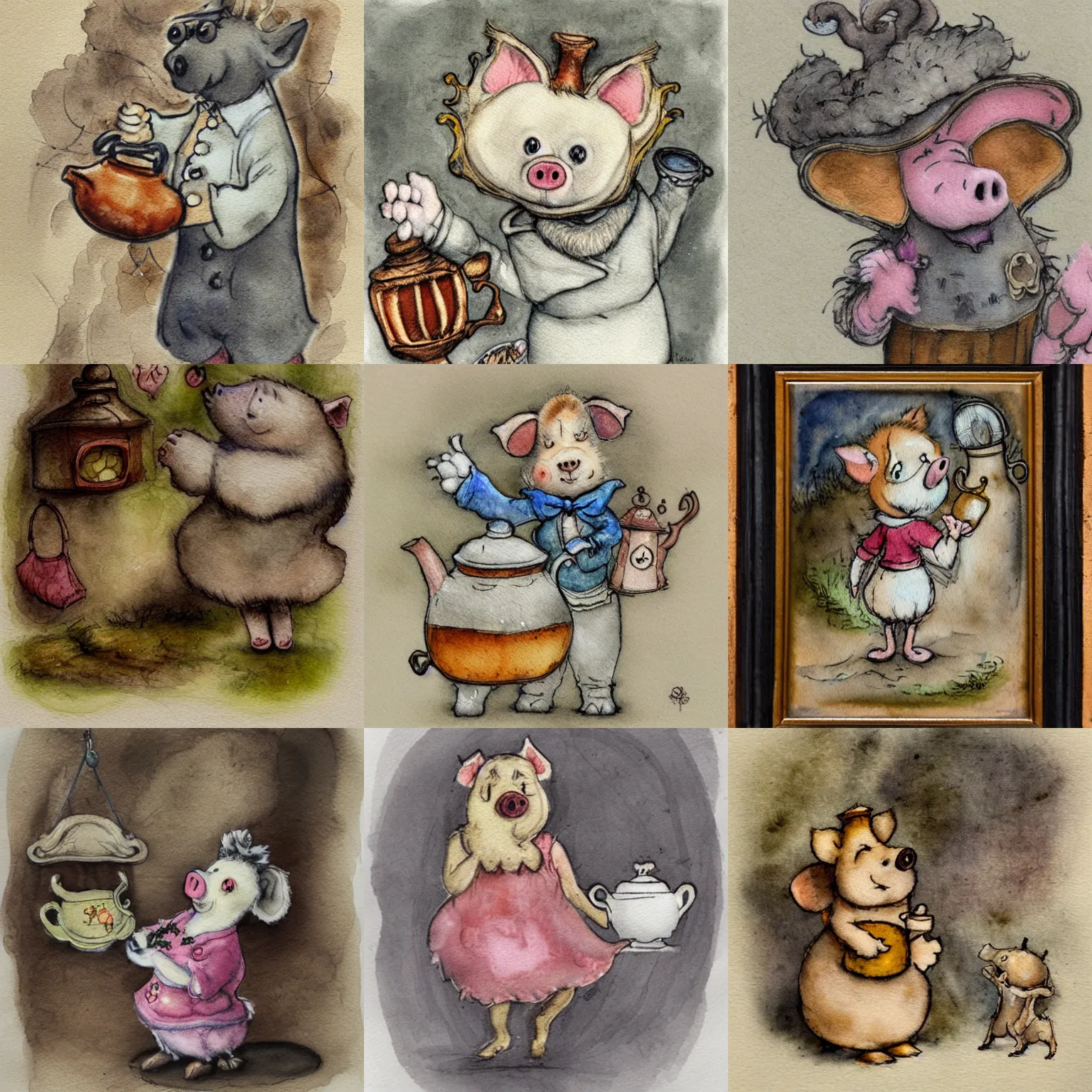 Prompt: furry fungus - piglet - shopkeeper holding a teapot, rococo, bucolic, art nouveau, watercolor wash over graphite sketch, prosaic, illustrative, figurative art, subsurface scattering