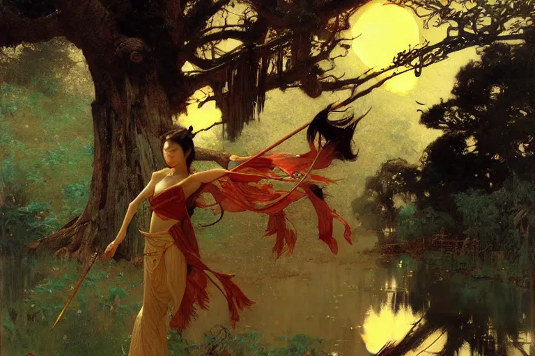 Image similar to wuxia, forest, moonlight, painting by gaston bussiere, craig mullins, j. c. leyendecker