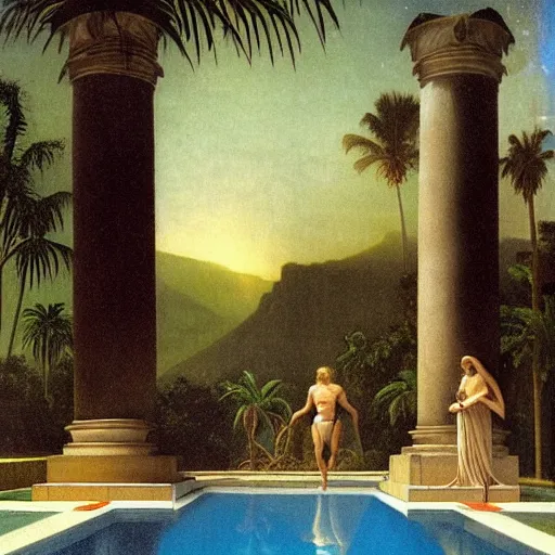 Image similar to Giant columns palace, thunderstorm, greek pool, beach and palm trees on the background major arcana sky, by paul delaroche, magazine photo from 1987, hyperrealistic 8k, very detailed