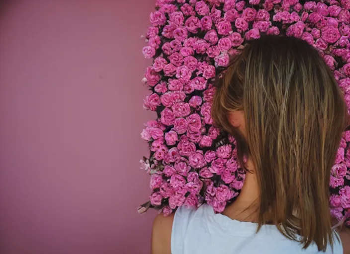 Image similar to photography, close-up of the back of a woman\'s head with interwoven flowers in center against a pink wall, daylight, 35mm