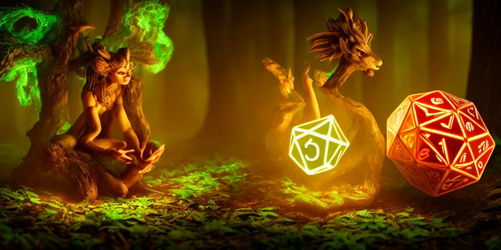 Image similar to a curious, mythical forest spirit rolling a six - sided dice, d 6 dice, glowing energy, fantasy magic, by willian murai and jason chan, fantasy, dramatic lighting, golden ratio, sharp focus