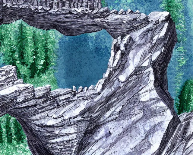 Prompt: very high quality digital art of a natural stone bridge crossing a deep chasm in a cavern