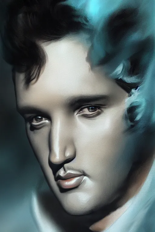 Image similar to elvis presley, gorgeous, ethereal, close - up portrait, intricate, elegant, volumetric lighting, scenery, digital painting, highly detailed, artstation, sharp focus, illustration, concept art, ruan jia, steve mccurry