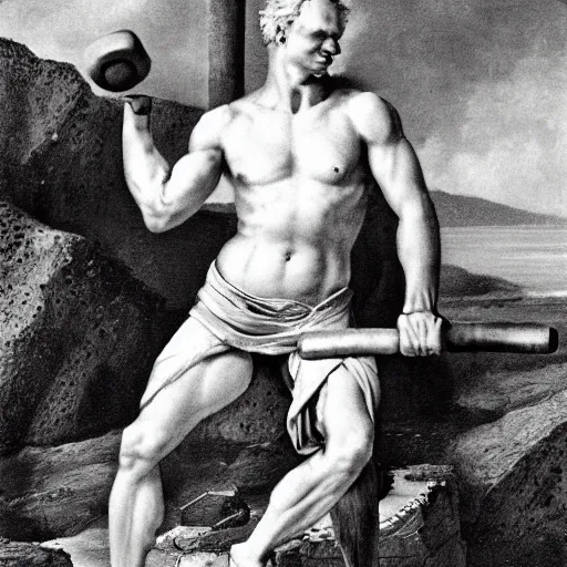 Prompt: professional photograph of shirtless muscular Arthur Schopenhauer lifting weights on a cliff, 8k, dslr, very intricate, very detailed,