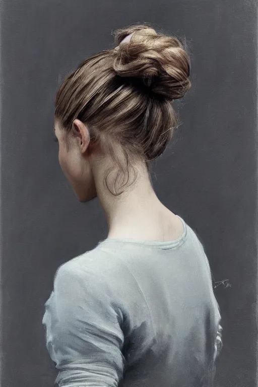 Image similar to girl with messy bun hairstyle, back view, tattoo sleeve, jeremy lipking, joseph todorovitch