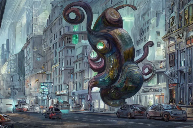 Image similar to concept art of a giant 1 0 meters high snail on the streets of a city