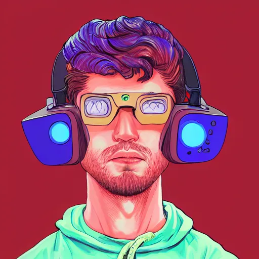 Prompt: portrait painting of a 9 0 s gamer with a vr headset on, sharp focus, award - winning, trending on artstation, masterpiece, highly detailed, intricate. art by josan gonzales and moebius and deathburger