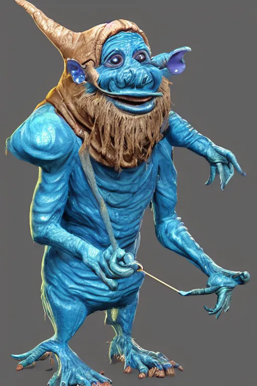 Prompt: a highly detailed painted 3 d model of a blue wrinkled goblin merchant with a mustache and a monocle : 1 | centered, colorful, matte background : 0. 9 | by james gurney : 1. 2 | unreal engine, deviantart, artstation, octane, finalrender, zbrush, keyshot, concept art, hd, 8 k resolution : 0. 8