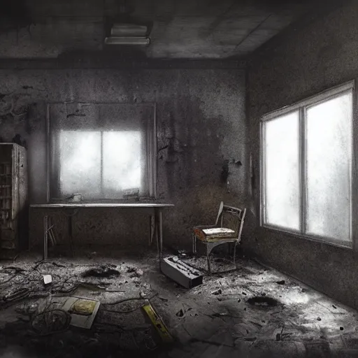 Image similar to a computer sits in an abandoned room, derelict, atmospheric, misty, mysterious, apocalyptic, ultra - realistic, artstation award, sketch, illustration, painting