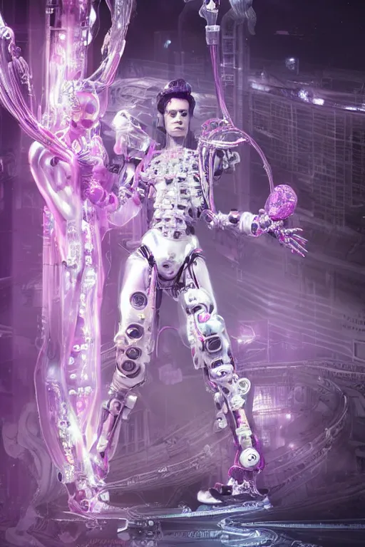 Prompt: full-body rococo and cyberpunk style neon statue of a muscular attractive Harry Styles macho dotado e rico android sim roupa reclining con las piernas abertas e la piroca dura, glowing white laser eyes, prince crown of pink gears, diamonds, swirling silver-colored silk fabric. futuristic elements. full-length view. space robots. human skulls. intricate artwork by caravaggio. Trending on artstation, octane render, cinematic lighting from the right, hyper realism, octane render, 8k, depth of field, 3D