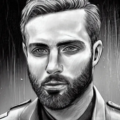 Prompt: portrait of a blonde police officer with short hair and a patchy beard, close up, grimy streets backdrop, detailed, art by loran desore