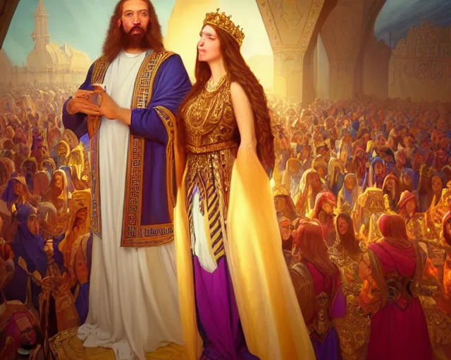 Prompt: king solomon of israel with his 7 0 0 beautiful wives, photography of kurzgesagt, deep focus, d & d, fantasy, intricate, elegant, highly detailed, digital painting, artstation, concept art, matte, sharp focus, illustration, hearthstone, art by artgerm and greg rutkowski and alphonse mucha