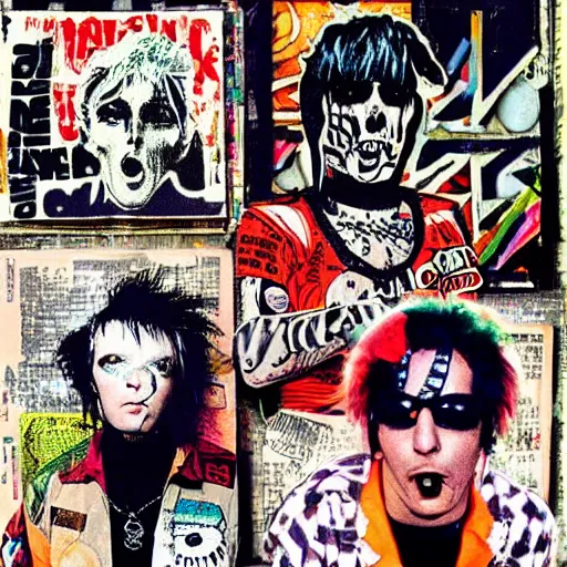 Image similar to punk rock astronauts, punk, grunge, 1980s, mixed media collage