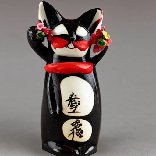 Image similar to demure anthropomorphic cat figurine wearing a kimono