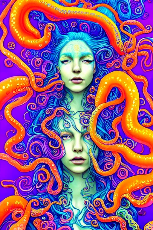 Image similar to A sea goddess with colorful tentacles hair having an extremely colorful psychedelic experience, warping time and space, magic mushrooms, psilocybin, LSD, face, detailed, intricate, elegant, highly detailed, digital painting, artstation, concept art, smooth, sharp focus, illustration, art by Krenz Cushart and Artem Demura and alphonse mucha, Octane render, unreal engine, 8K