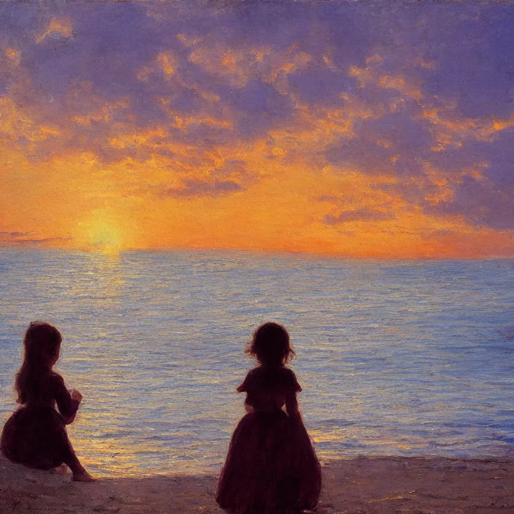 Image similar to a girl on the beach watching a beautiful radiating sunset, Nice France by Claude Lorraine