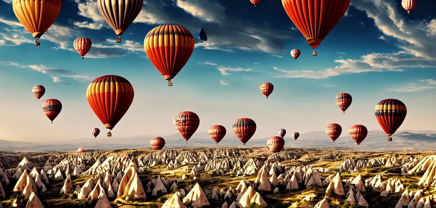 Prompt: large balloons fly over the mountains of cappadocia in turkey, a tourist attraction. morning amazing landscape, cinematic view, epic sky, detailed, concept art, low angle, high detail, warm lighting, volumetric, godrays, vivid, beautiful, trending on artstation, by jordan grimmer, huge scene, grass, art greg rutkowski