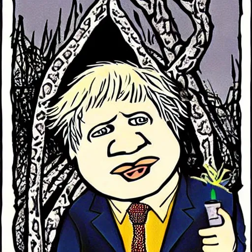 Prompt: boris johnson cartoonized. snake cartoonized. they have a romantic dinner together. folk horror. gothic