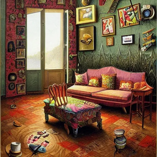 Prompt: a painting of a living room filled with furniture, a surrealist painting by jacek yerka, cgsociety, fantastic realism, maximalist, surrealist, detailed painting