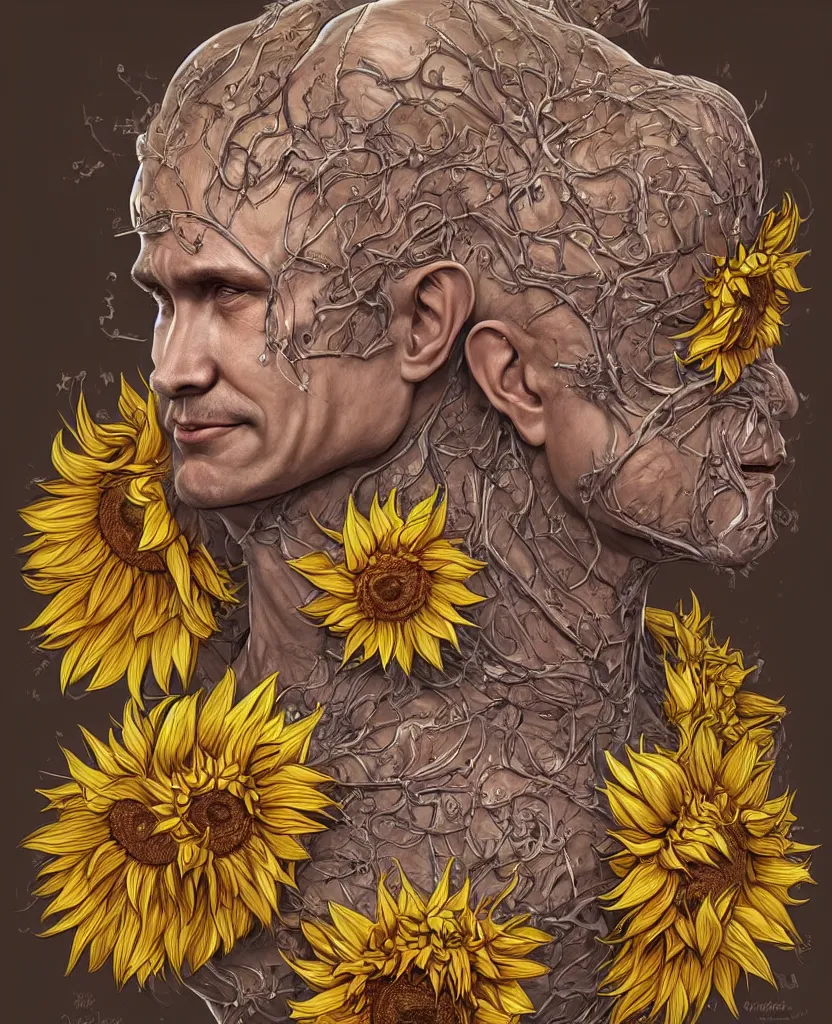 Image similar to digital art, centered full body of Putin smiling king, Sunflower crown, ,intricate, veins, by James Jean and by artgerm , by ross tran ultradetailed, charachter design, concept art, trending on artstation,