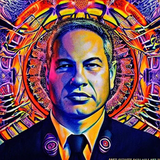 Image similar to a psychadelic portrait of binyamin netanyahu by alex grey, high deatil, cinestill poster