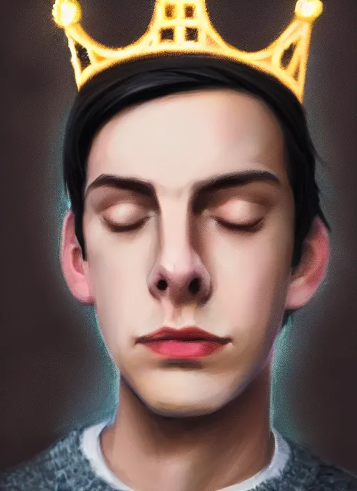 Image similar to portrait of teenage jughead jones wearing a light grey crown, photorealistic, crown, eyes closed, crown, black hair, sweater with letter s on it, letter s, intricate, elegant, glowing lights, highly detailed, digital painting, artstation, concept art, smooth, sharp focus, illustration, art by wlop, mars ravelo and greg rutkowski