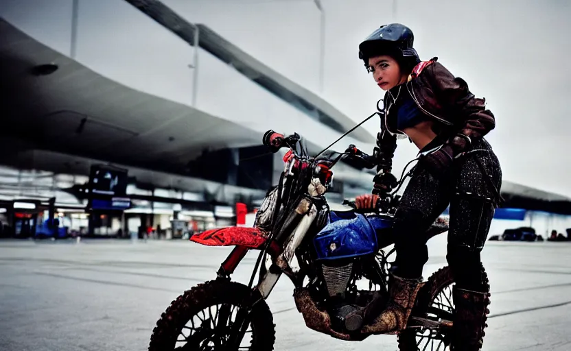 Prompt: cinestill 5 0 d candid photographic portrait by helen levitt of a mixed teen cyborg wearing rugged black mesh techwear riding on a dirtbike through an airport, extreme closeup, modern cyberpunk moody emotional cinematic, snow storm, 8 k, hd, high resolution, 3 5 mm, f / 3 2, ultra realistic faces, ex machina