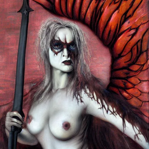 Prompt: graffiti mild by lori earley, by charles spencelayh. performance art. a large, muscular demon - like creature with wings, standing in a dark, hellish landscape. the creature has red eyes & sharp teeth, & is holding a large sword in one hand.