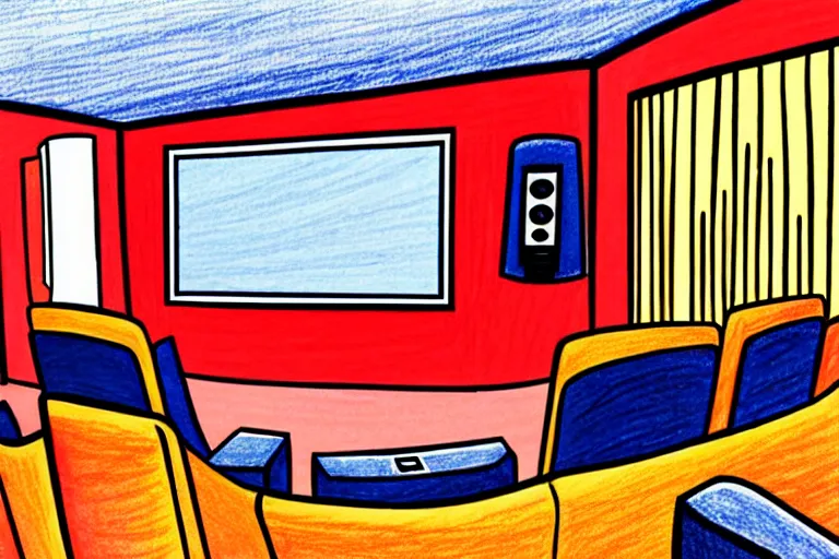Image similar to a modern home movie theater, sleek, comfortable, stylish decor, popcorn machine, movie posters, designed by kelly wearstler, rough color pencil illustration