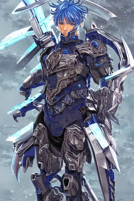 Image similar to concept art, anime portrait of a ninja cyborg warrior wearing an intricate azure wolf themed armor by Masamune Shirow, Stanley Artgerm Lau, WLOP, Rossdraws, James Jean, Andrei Riabovitchev, Marc Simonetti, and Sakimichan, trending on artstation