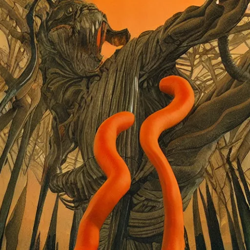 Image similar to by joao ruas jaunty carrot orange. a sculpture of a large, looming creature with a long, snake body. many large, sharp teeth, & eyes glow. wrapped around a large tree, bent under the weight. small figure in foreground, a sword, dwarfed by the size of the creature.