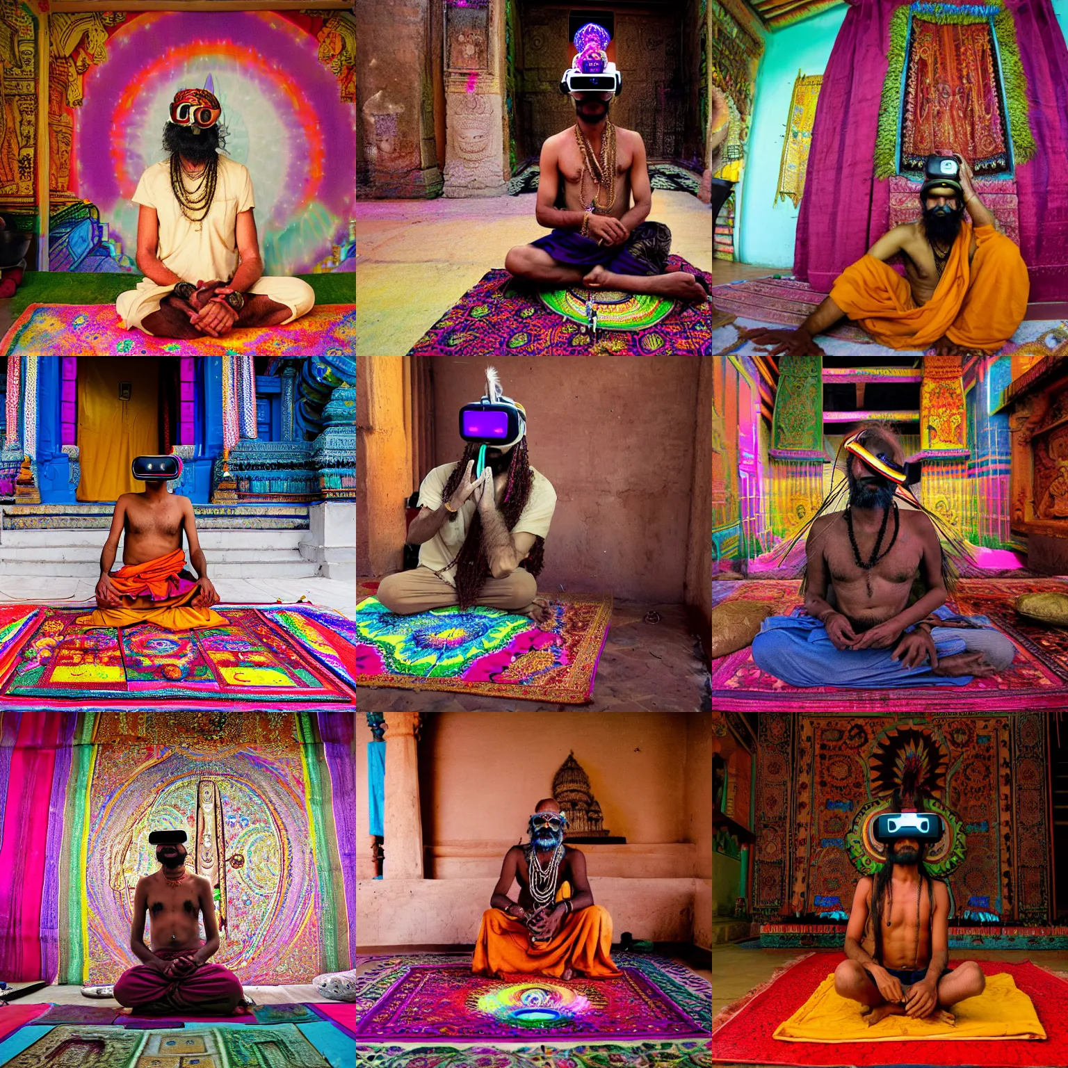 Prompt: An Indian Sadhu Saadhu wearing a cyberdelic psychedelic Oculus virtual reality headset sitting on a rug in a Dravidian temple using it to project bliss and peacefulness to passerby through psionic powers