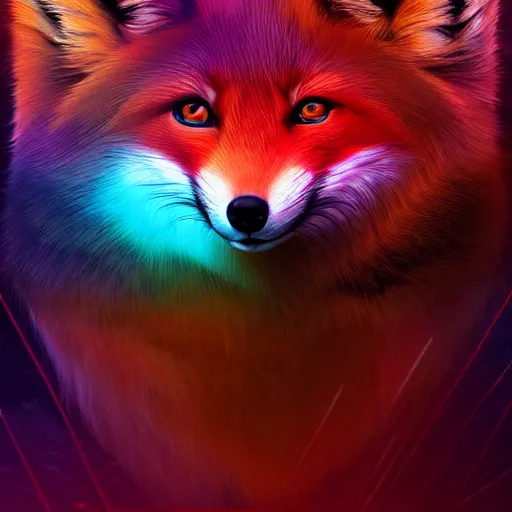 Prompt: digital deep red coloured fox, retrowave palette, digital world, highly detailed, electric breeze, anatomically correct vulpine, synth feel, fluffy face, ear floof, flowing fur, super realism, accurate animal imagery, 4 k digital art