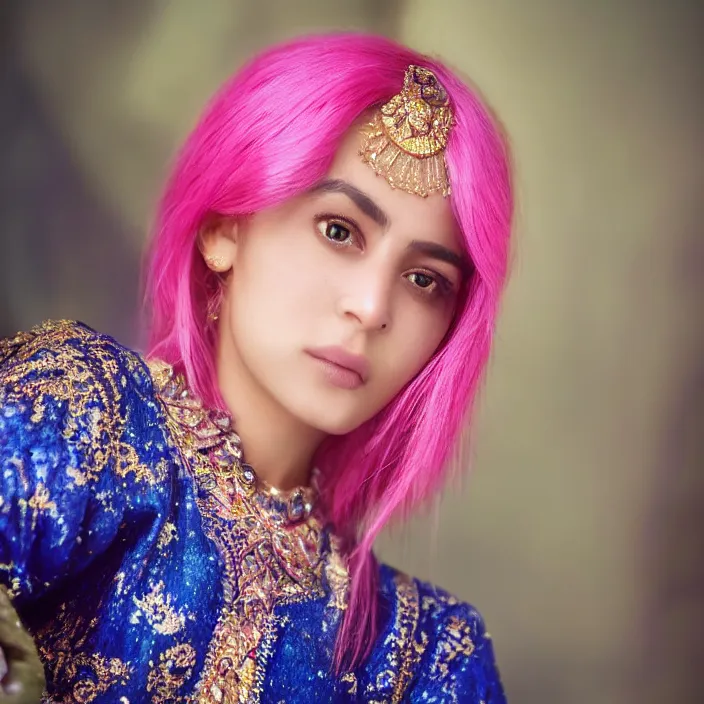 Prompt: portrait photograph of an extremely beautiful!!!! young pakistani female, Distant look on her face, natural light, wearing a diamond armor suir! Pink hair. Blue eyes. Standing on a Japanese neon lit street. looking at the camera!!. super resolution. Extremely detailed. Graflex camera!, bokeh!!!!! trending on artstation.