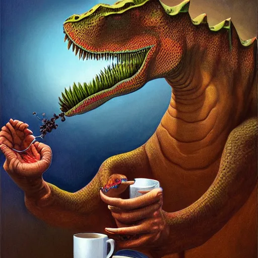 Image similar to A dinosaur drinking coffee, by alex grey, by Esao Andrews and Karol Bak and Zdzislaw Beksinski and Zdzisław Beksiński, trending on ArtStation