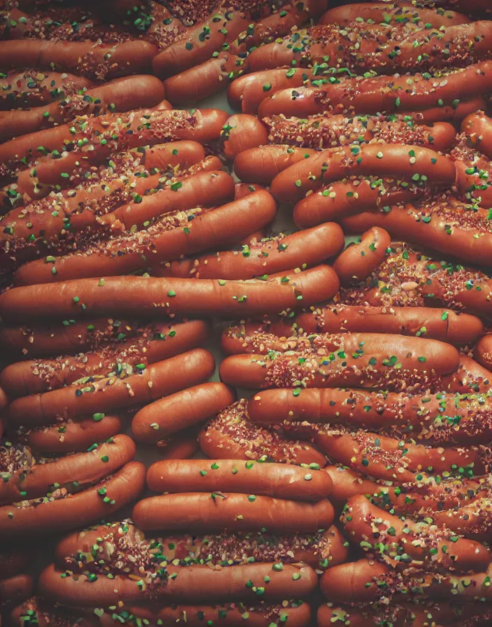 Prompt: wall of hot dogs. intricate artwork by Tooth | Wu wlop | beeple and dan mumford and greg rutkowski. halo. octane render cinematic hyper realism octane render 8k depth of field bokeh. iridescent accents.