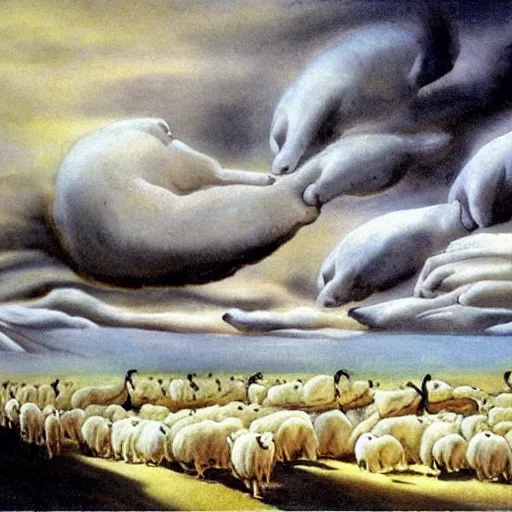 Prompt: 1 0 0 0 s of sheep for sleeping, dream, concept art, by salvador dali