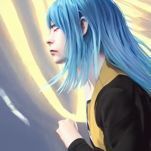 Image similar to side profile of rimuru tempest with sky blue hair, long hair, gold eyes, black jacket with white stripes and a high collar | highly detailed, matte, greek city, professional digital art, concept art, award - winning photography, cinematic, wlop | art by pixiv art, ilya kuvshinov, greg rutkowski, yoshitaka amano