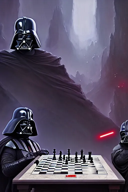 Prompt: darth vader playing chess against thanos on a marble table, extremely detailed digital painting, in the style of fenghua zhong and ruan jia and jeremy lipking and peter mohrbacher, mystical colors, rim light, beautiful lighting, 8 k, stunning scene, raytracing, octane, trending on artstation