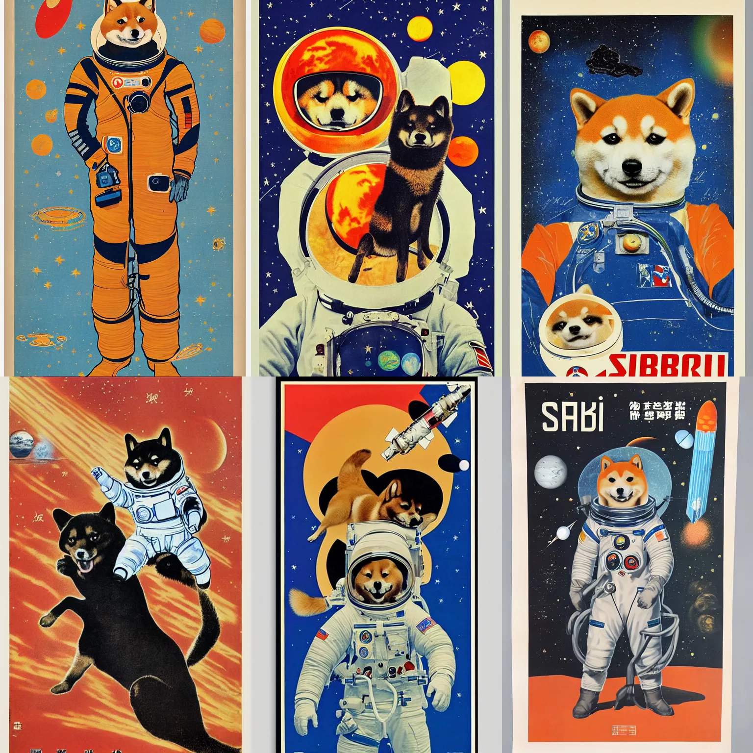 Prompt: Shiba Inu cosmonaut portrait, mars mission, 60s poster, 1972 Soviet