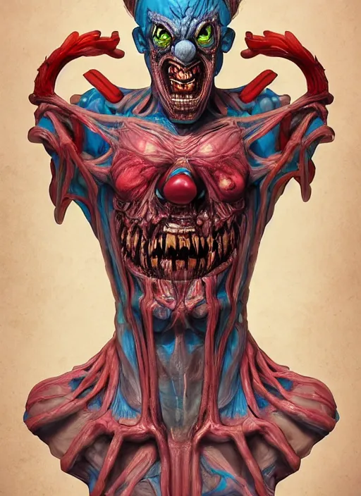 Image similar to evil horror clown, monster anatomy, ross tran, vivid colors, anatomical, highly detailed sculpture, intricate detailed, ommatidia, 8 k, cinematic atmosphere, post - processing