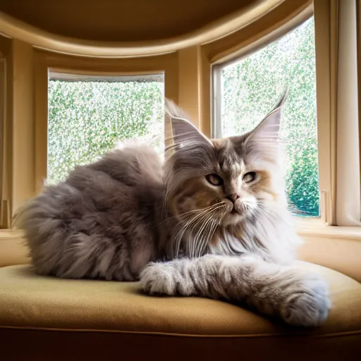 Image similar to portrait cream color maine coon cat curled up, bay window sofa, 8K, 4K, by Antoine Blanchard and Matt Bors, oversaturated lens flair, bokeh, sunbeam